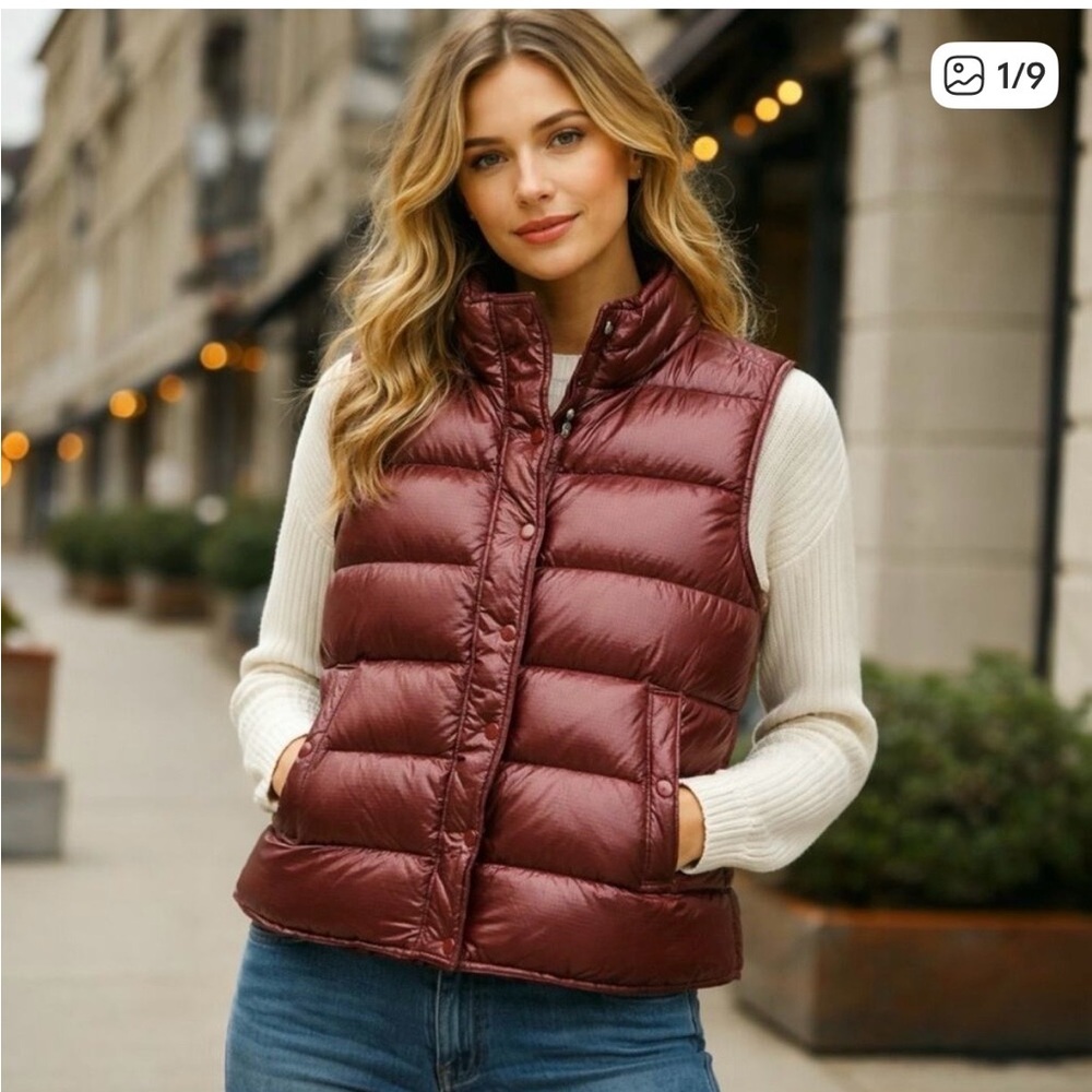 J.Crew Women’s‎ down filled puffer vest Shiny Maroon Ripstop. Size large.